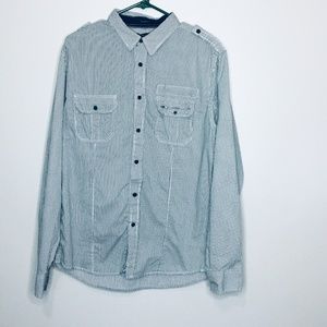 Mens Black/ White Striped Button Down L